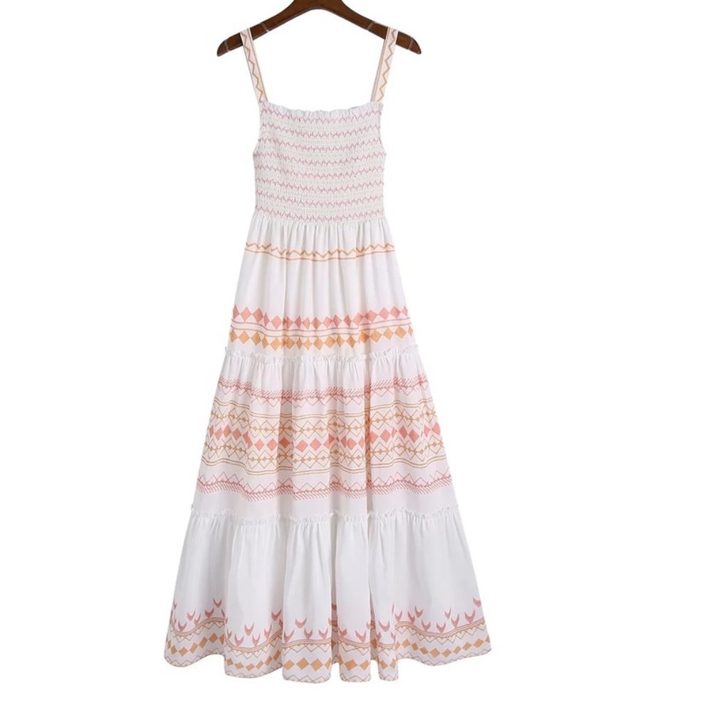 Women's sleeveless smocked top maxi dress with embroidery printed